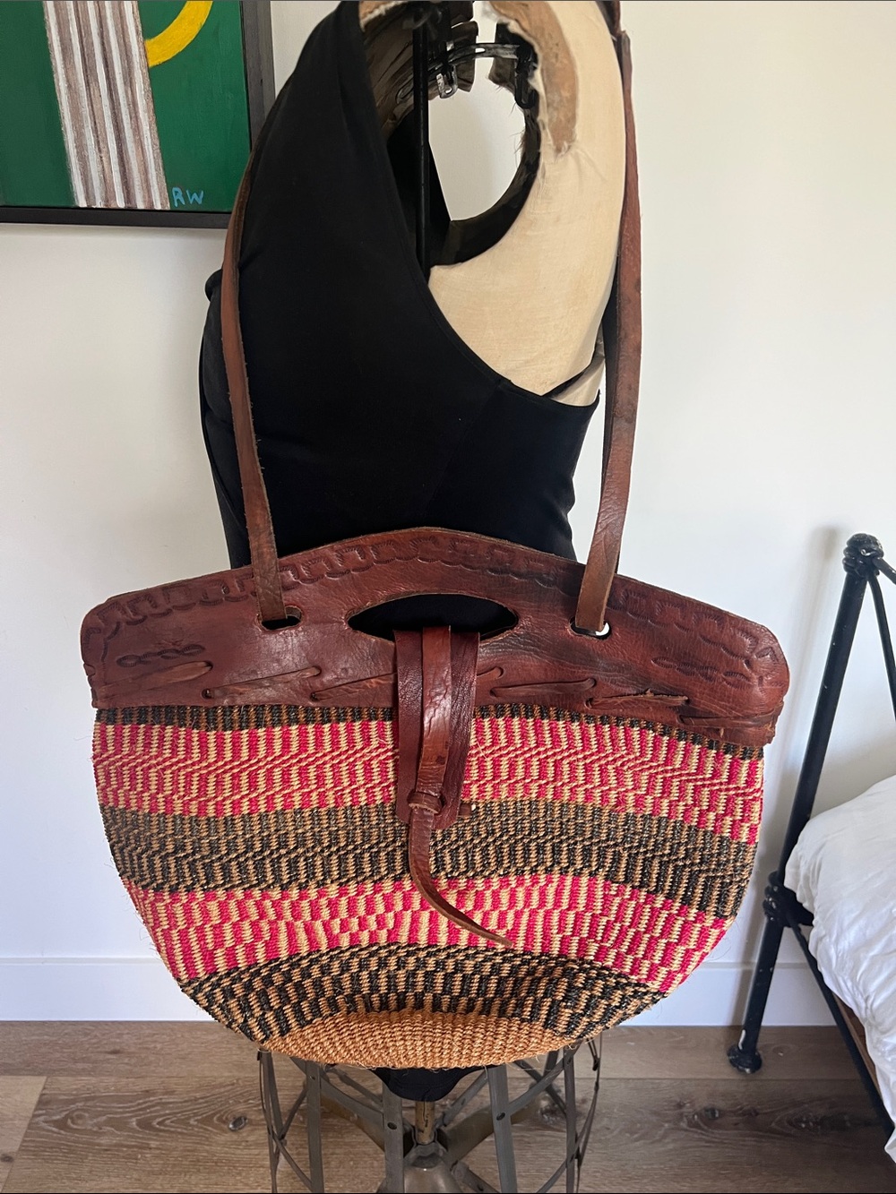 Vintage Pink, Brown & Tan Woven Leather-Trim Shoulder Bag woven